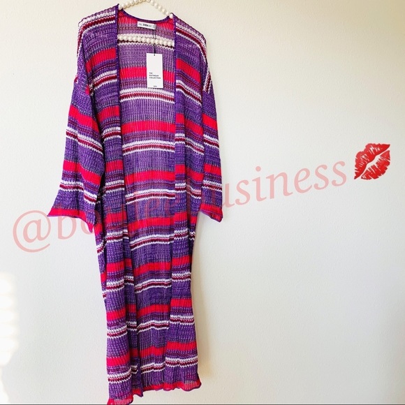 ZARA Knit Striped Long Cardigan Jacket Kimono - Picture 3 of 8